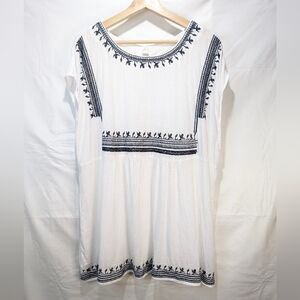 HALO White Crinkle Crepe Bohemian Empire Waist Tunic Top with Blue Embroidery 3X